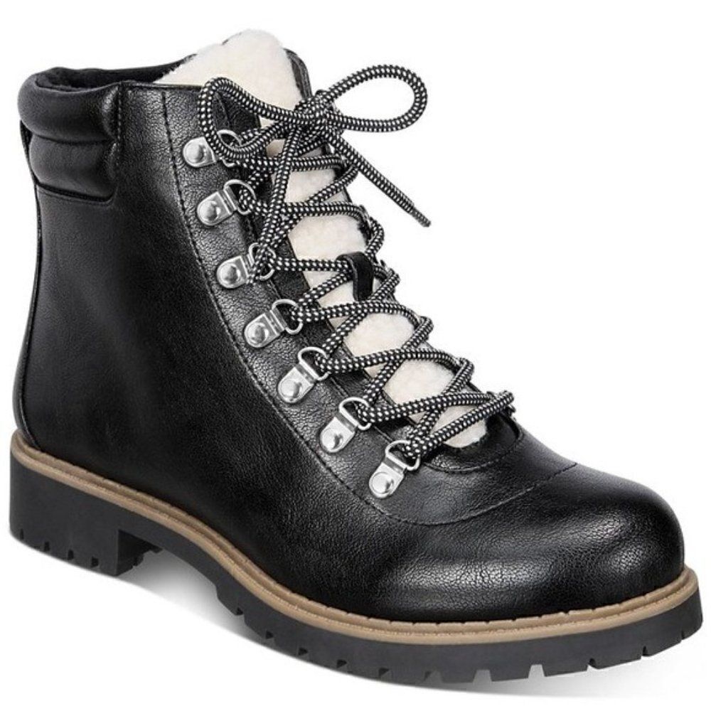 Style & Co Maariah Lace-Up Lug Sole Booties Faux Leather Faux Sherling Black 5M